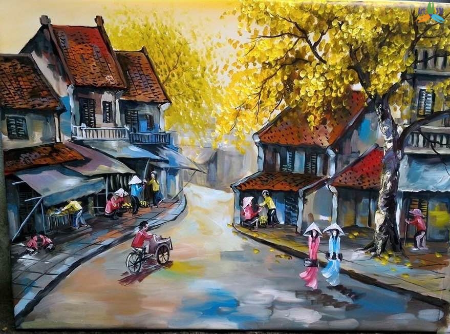 Tranh phố cổ PC005 - Xưởng vẽ tranh sơn dầu uy tín nhất Hà Nội