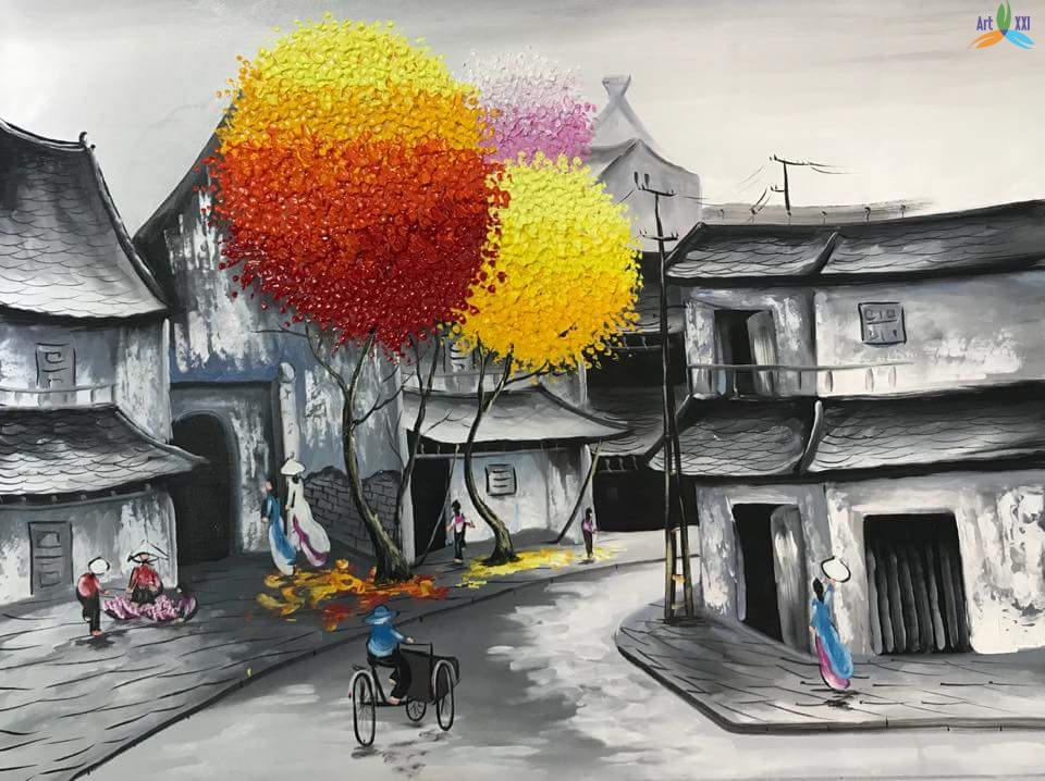 tranh phố cổ 021 - Xưởng vẽ tranh sơn dầu uy tín nhất Hà Nội