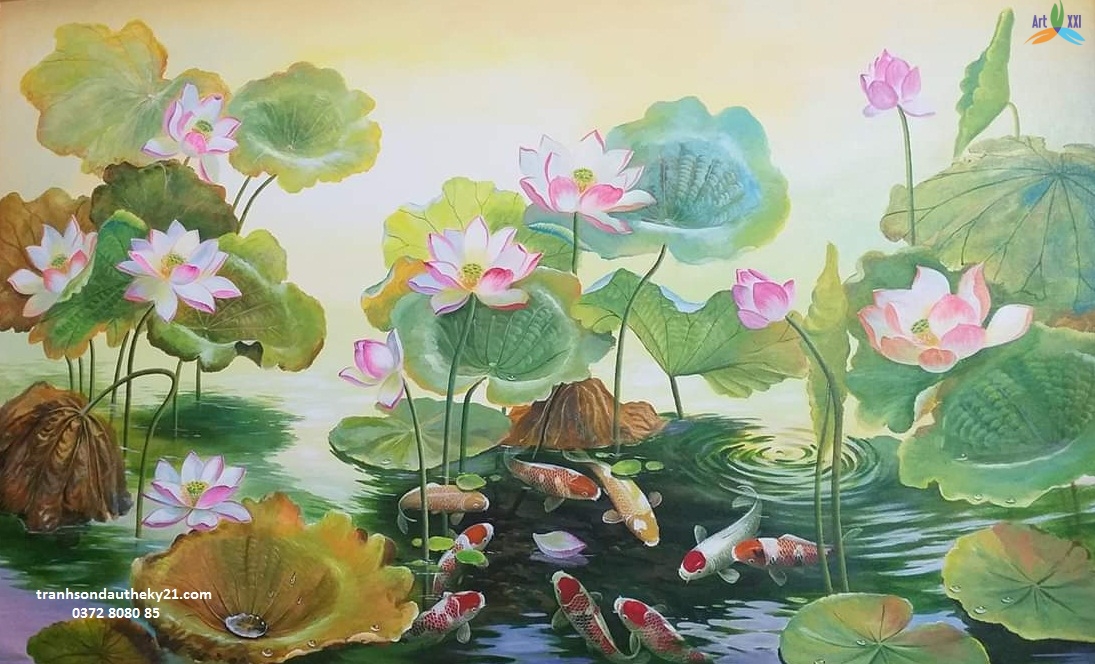 tranh hoa sen 011 - Xưởng vẽ tranh sơn dầu uy tín nhất Hà Nội