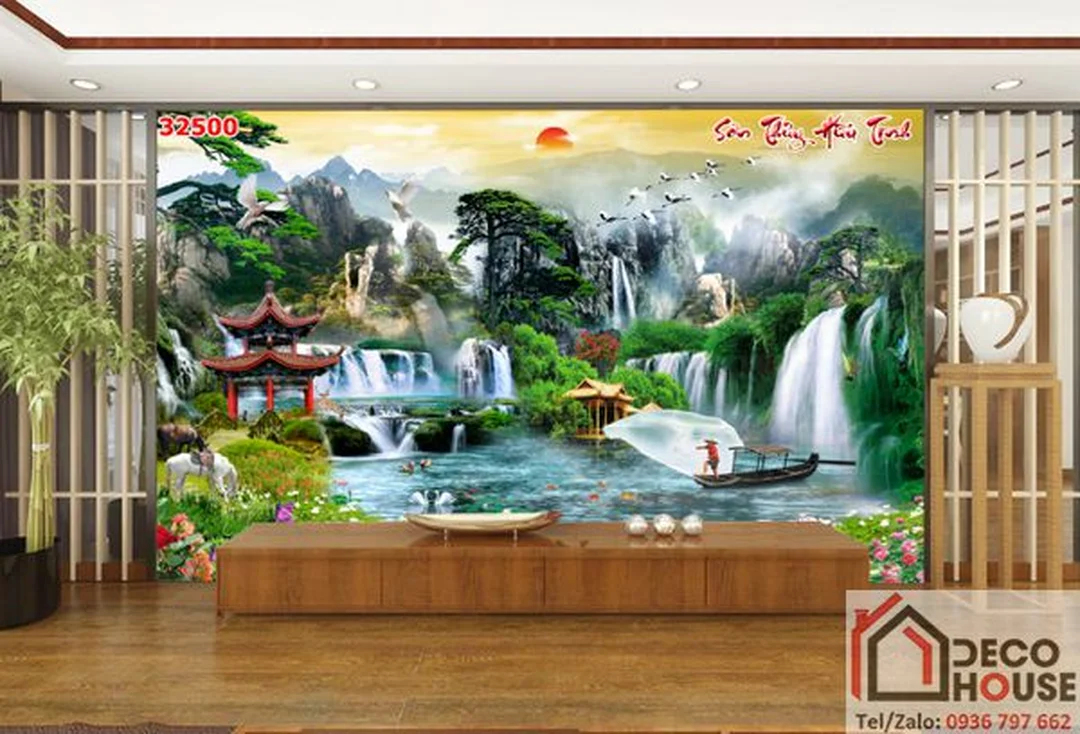 Tranh kính 3D phòng khách sơn thủy báo giá tranh kính 3d so sánh với tranh phòng khách sơn thủy