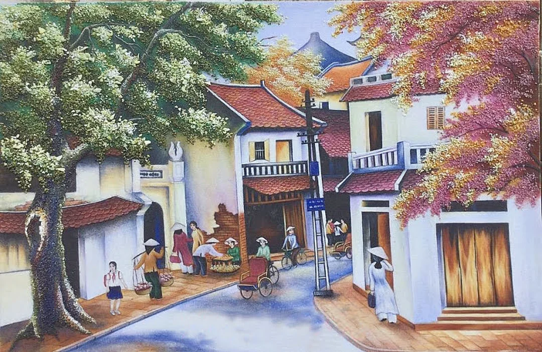 bộ tranh phố cổ hà nội chất liệu đá quý phối cảnh mái ngói