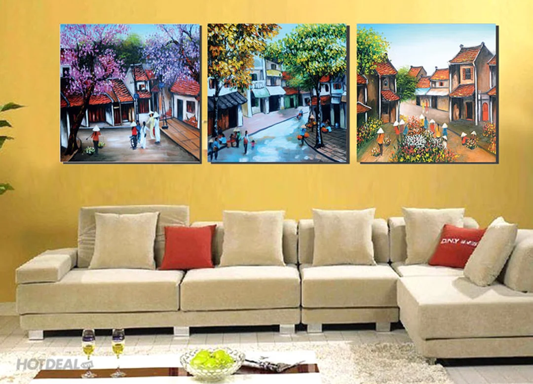 bộ tranh phố cổ hà nội ghép tấm cho không gian phòng khách