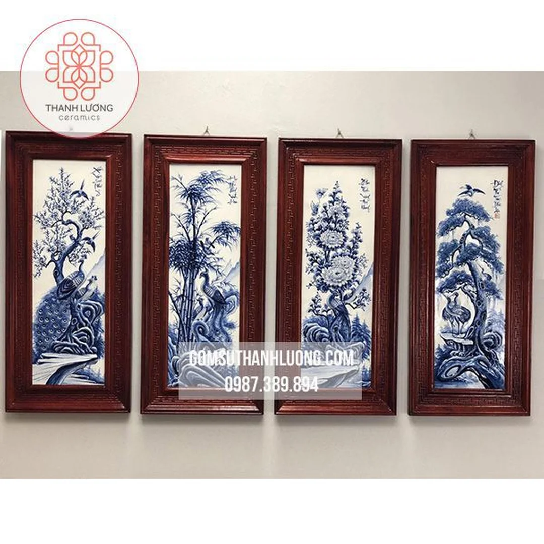 bộ tranh treo tường gốm sứ tứ quý khung gỗ