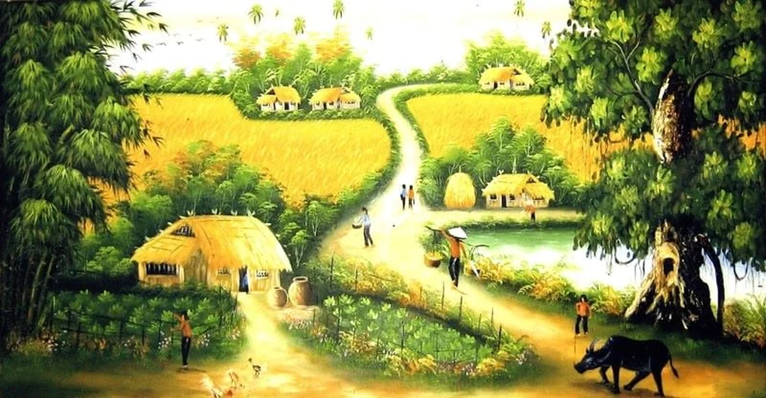 Bức tranh đồng quê như thế nào với màu sắc hài hòa bức tranh đồng quê như thế nào với gam màu vàng lúa và xanh đồng