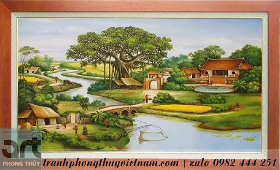 bức tranh đồng quê với con đường làng và cảnh quê Việt Nam