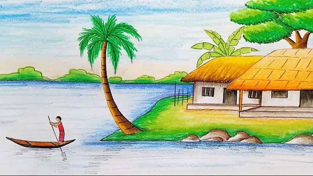 bức tranh phong cảnh sơn dầu với lớp màu dày và ánh sáng ấm