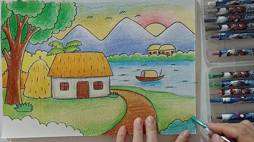 cách vẽ tranh đồng quê bằng màu sáp màu nước và sơn dầu