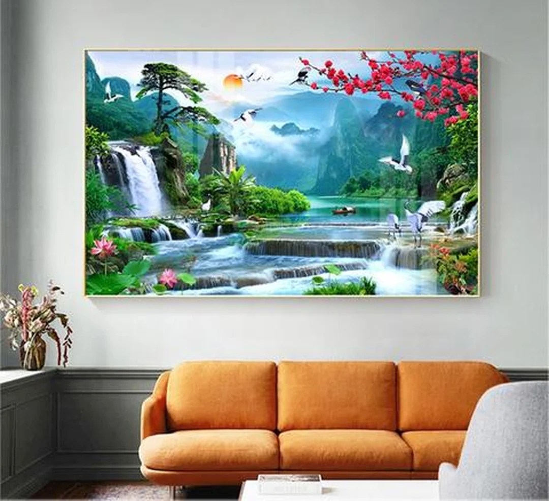 gạch tranh trang trí phòng khách sơn thủy thác nước