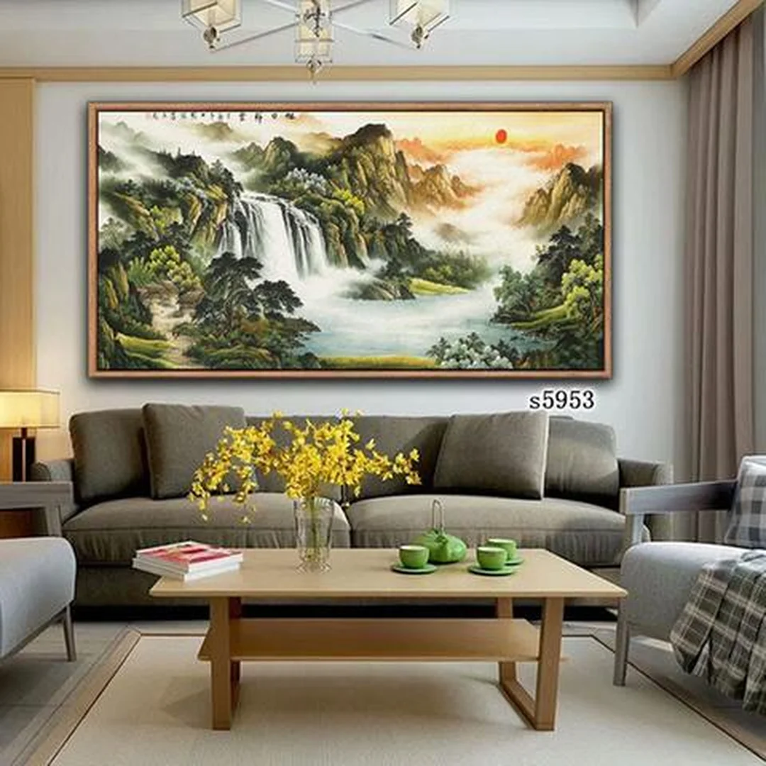 gạch tranh trang trí phòng khách thác nước sơn thủy