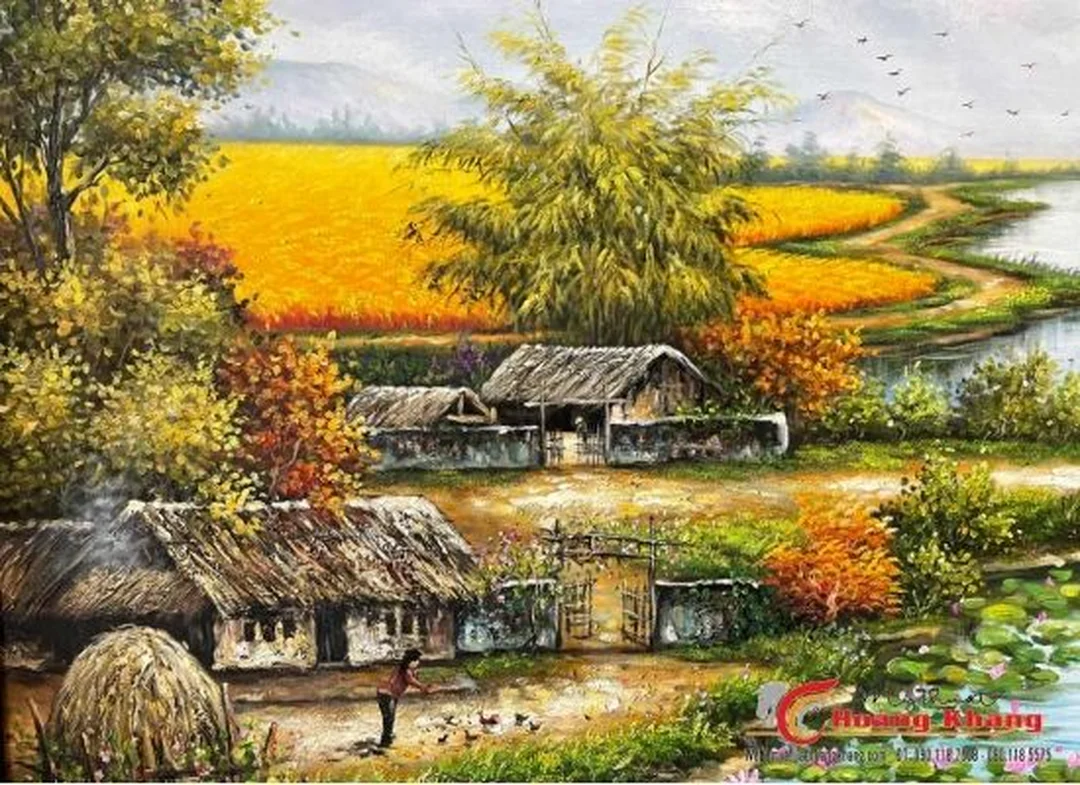 Yếu tố làm giá tranh sơn dầu đồng quê thay đổi giá tranh sơn dầu đồng quê cảnh sông nước nhiều chi tiết