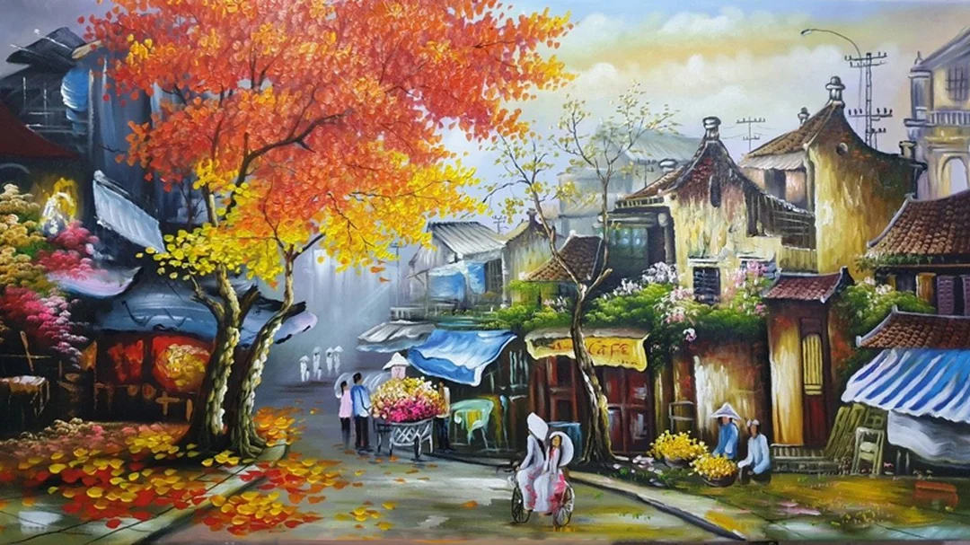hình ảnh tranh sơn dầu đẹp treo phòng khách với tông màu may mắn