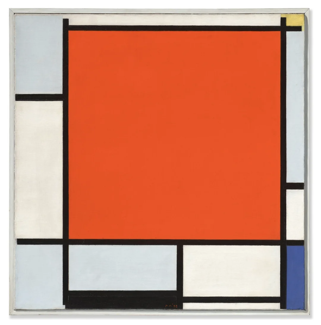 họa sĩ vẽ tranh trừu tượng Mondrian với bố cục hình học