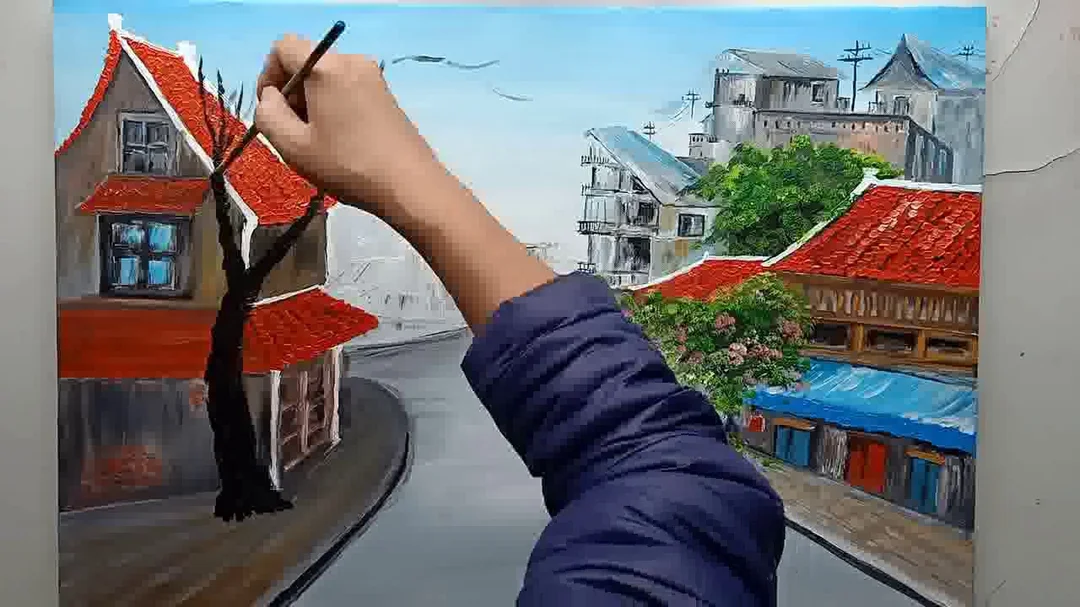 hướng dẫn vẽ tranh phố cổ theo từng bước phác thảo và tô màu