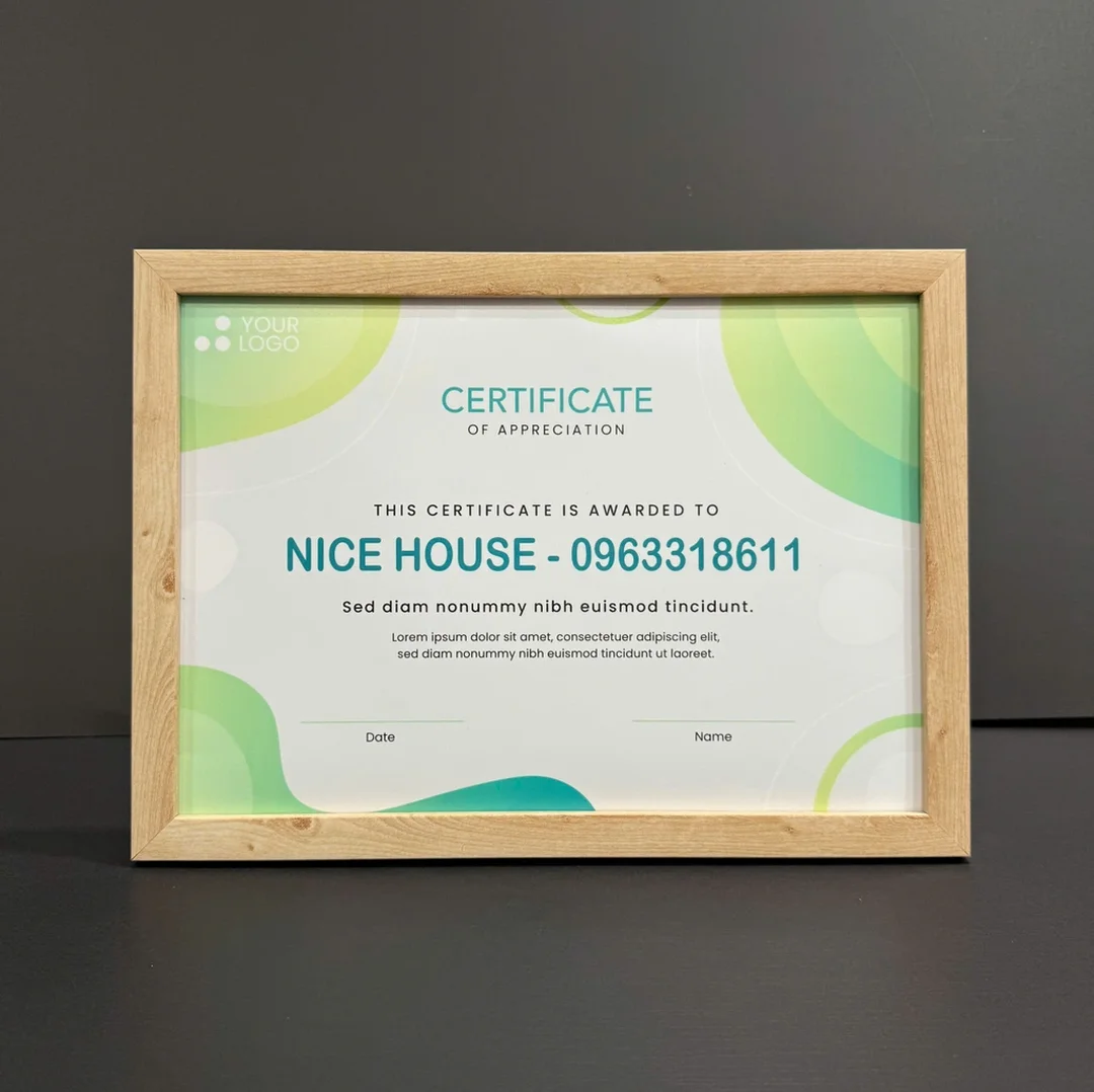 khung tranh nice house bằng khen màu gỗ