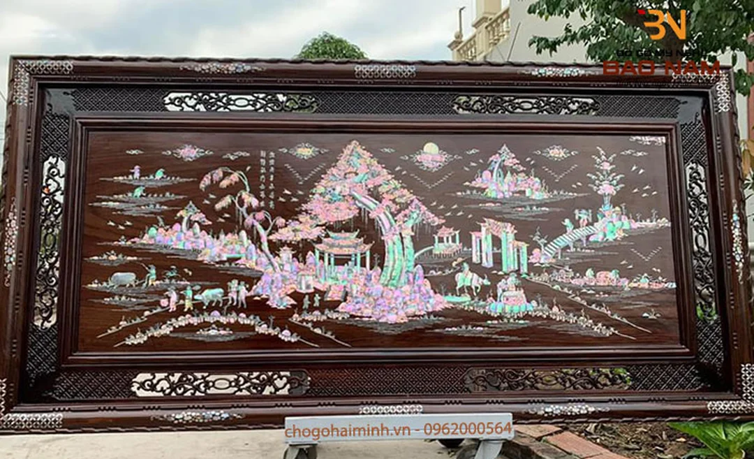 Mẫu tranh đồng quê gỗ gụ khảm trai ốc đẹp mẫu tranh đồng quê khảm và chạm gỗ gụ treo không gian truyền thống