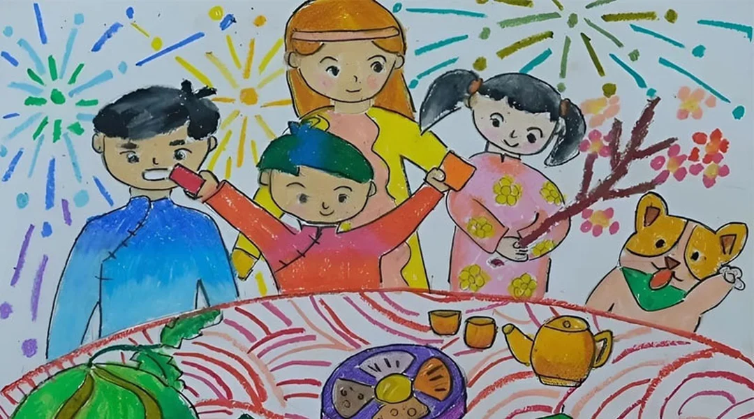 mẫu vẽ tranh trang trí ngày tết chủ đề gia đình đoàn viên
