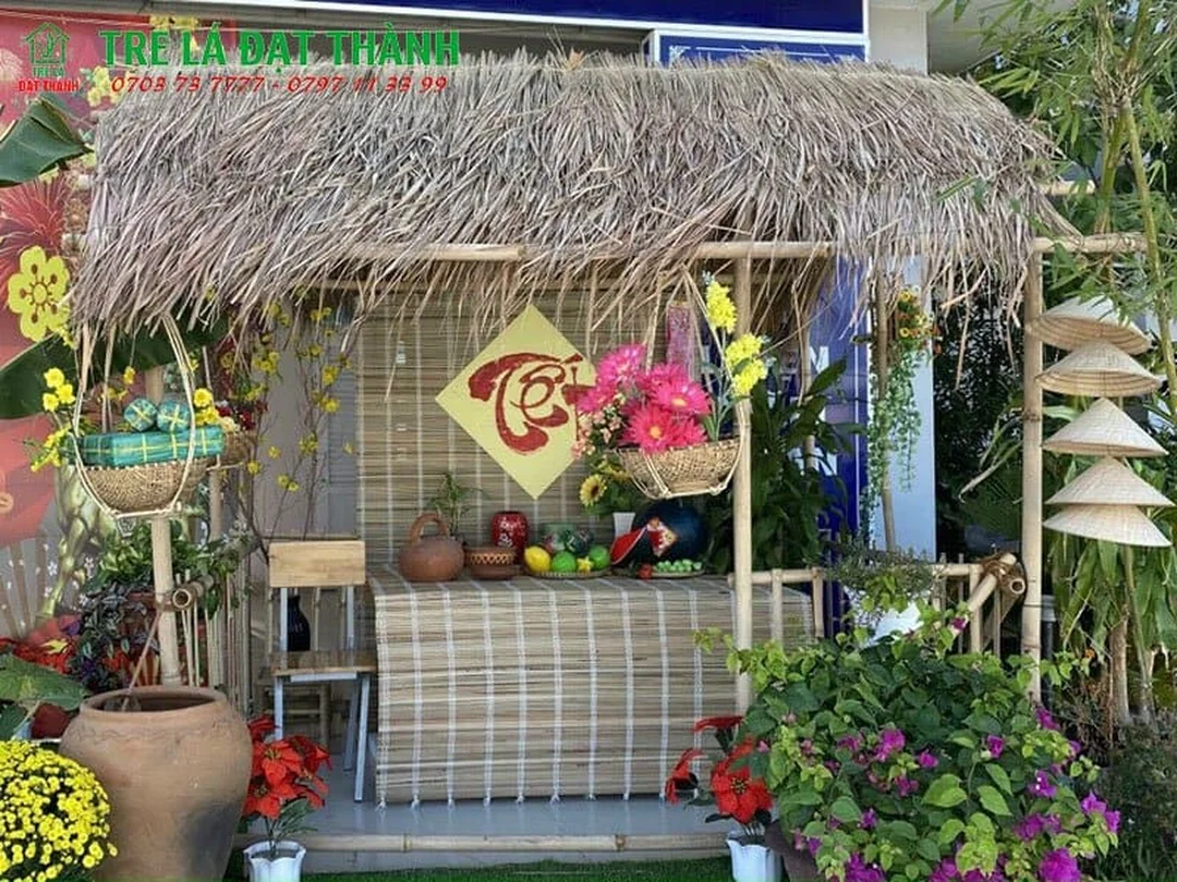 Tiểu cảnh nhà lá và nhà tranh trang trí Tết nhà tranh trang trí tết trong tiểu cảnh nhà lá truyền thống