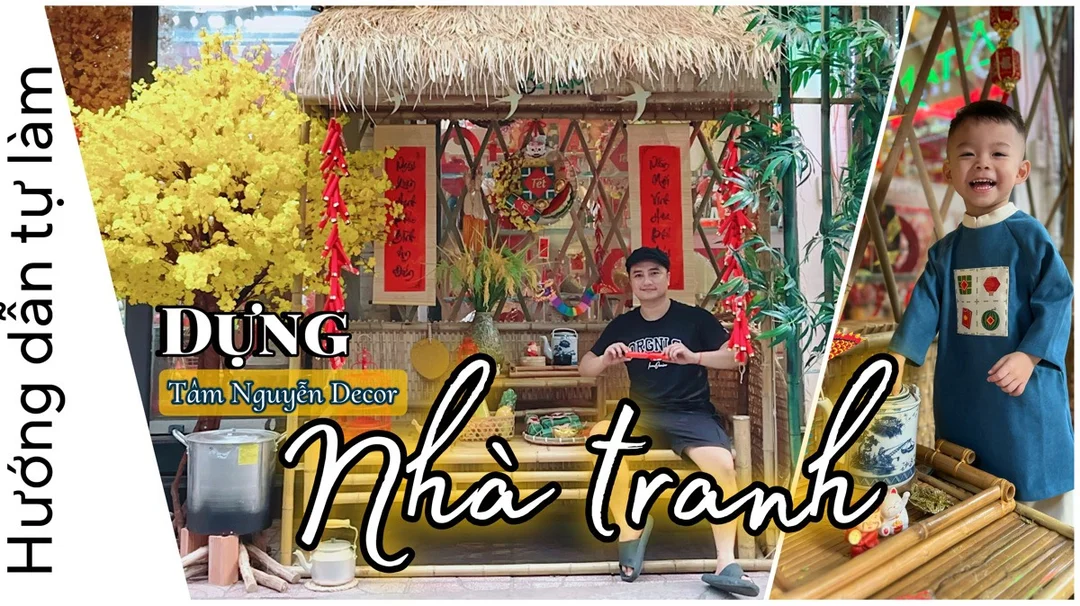 Nhà tranh trang trí Tết quê với mái lá và mành tre nhà tranh trang trí tết với mái lá và mành tre trong không gian Tết quê
