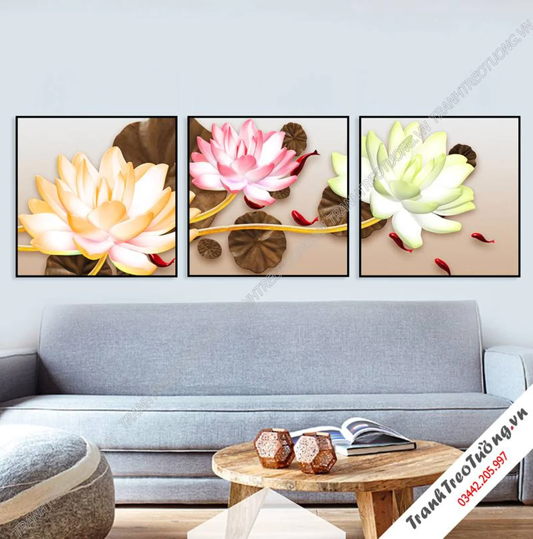 Tranh hoa sen ba tấm ghép treo phòng khách nhung buc tranh hoa sen dep nhat dạng ba tấm ghép treo phòng khách
