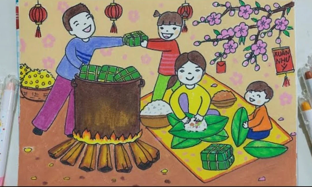tô màu vẽ tranh trang trí ngày tết bằng gam đỏ vàng xanh