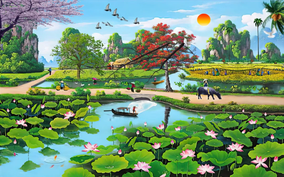 Tranh đồng quê 3D khổ lớn màu vàng lúa tranh đồng quê 3d khổ lớn màu vàng lúa cho nhà phố