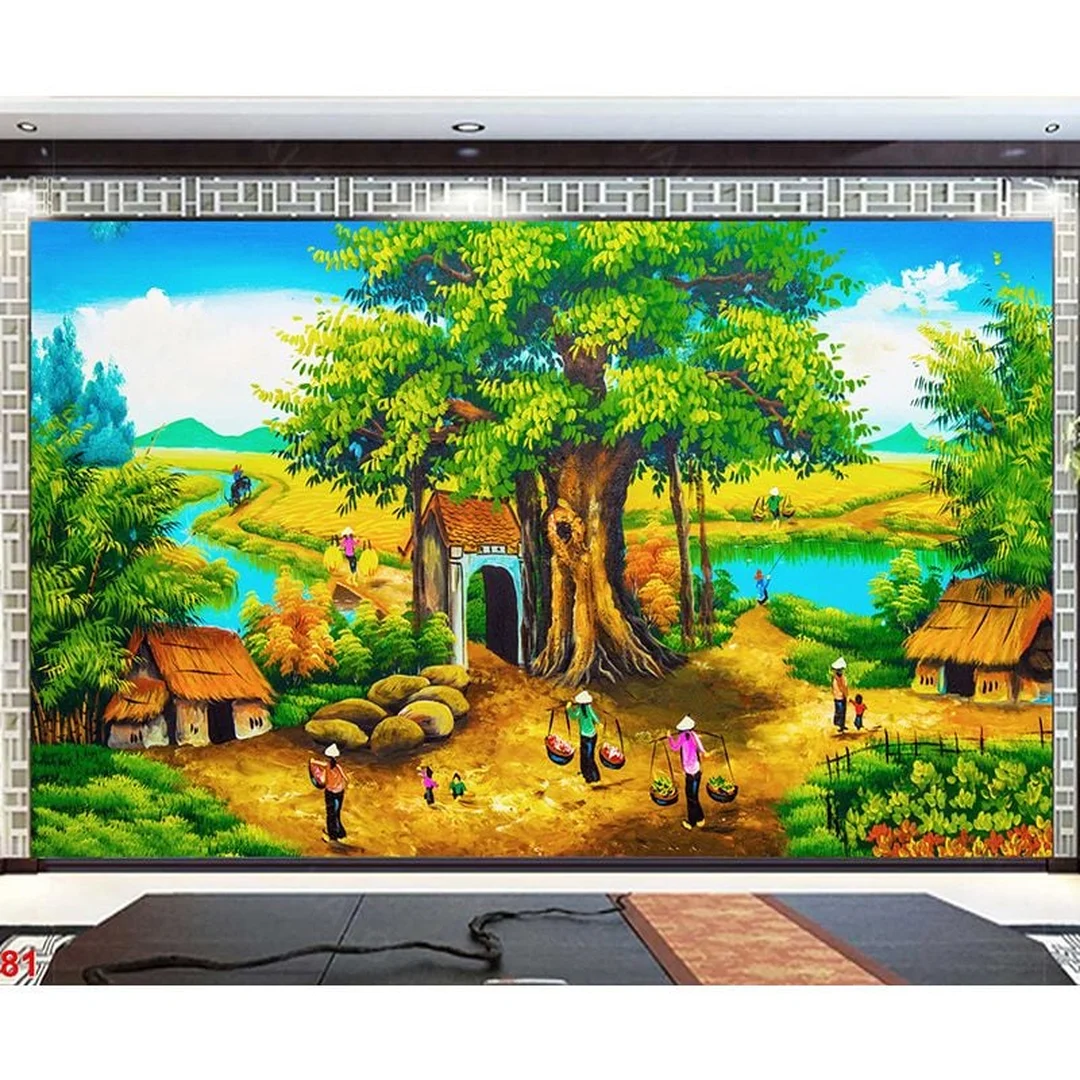Tranh đồng quê 3D treo sau sofa phòng khách tranh đồng quê 3d treo sau sofa tạo chiều sâu phòng khách