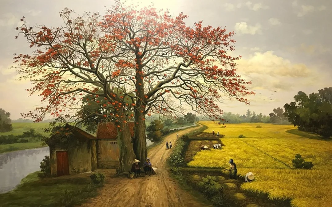 tranh đồng quê bắc bộ cảnh làng quê yên bình