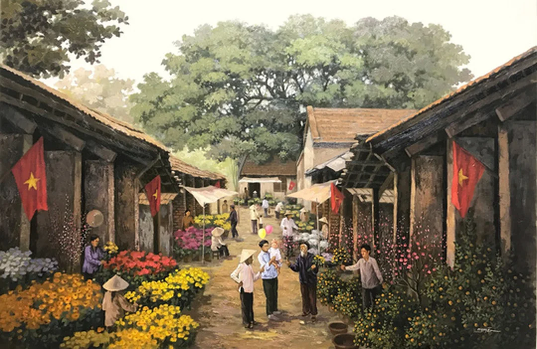 tranh đồng quê bắc bộ treo tường phòng khách ấm áp