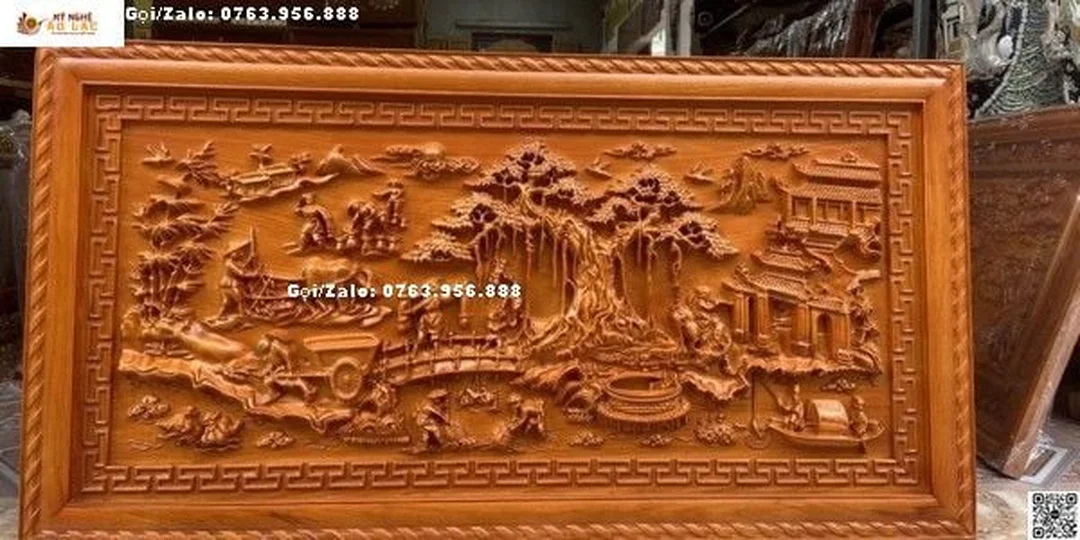tranh đồng quê bằng gỗ đẹp đục tay tinh xảo