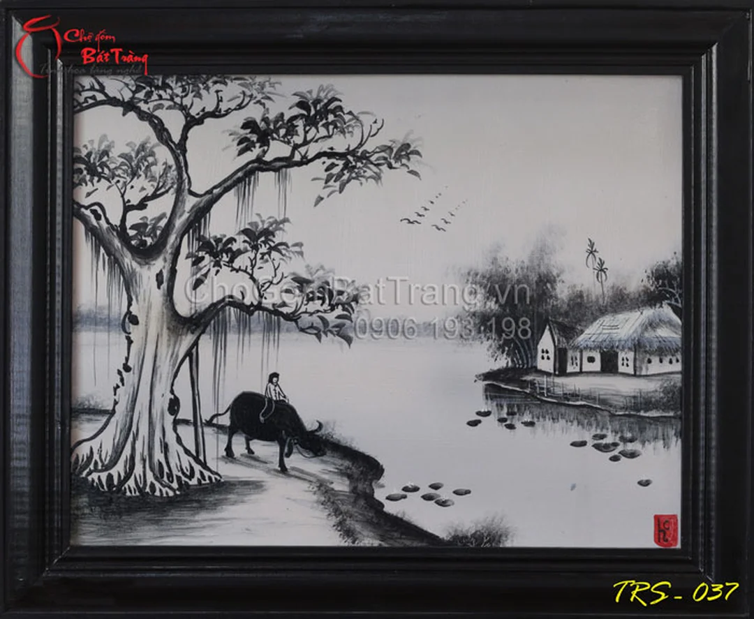 Tranh đồng quê đen trắng phong cảnh làng quê gốm sứ tranh đồng quê đen trắng phong cảnh làng quê gốm sứ
