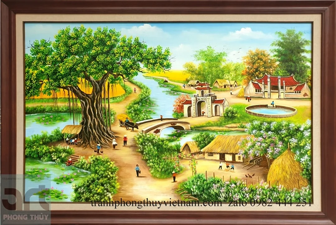 tranh đồng quê đẹp khung gỗ vẽ sơn dầu phong cảnh làng quê
