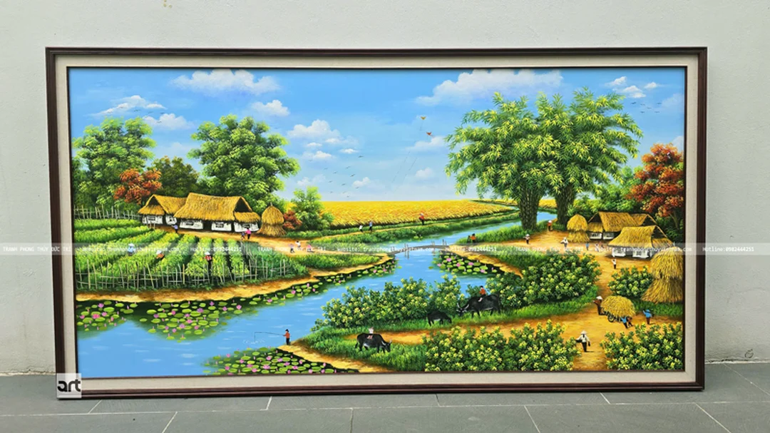 tranh đồng quê đẹp làng quê Việt Nam xưa với mái tranh và dòng sông