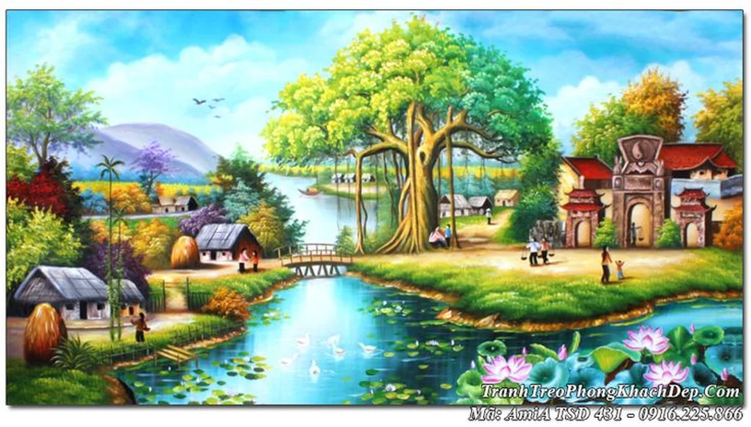 tranh đồng quê đẹp nhất với cánh đồng lúa và con đường làng