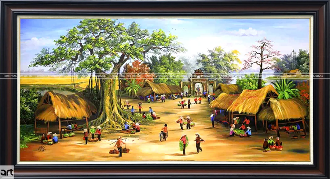 tranh đồng quê đẹp phiên chợ làng quê Việt Nam bình dị