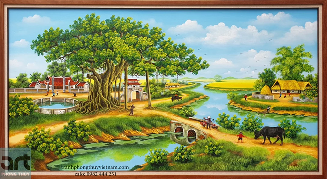 tranh đồng quê đẹp treo phòng khách với cánh đồng lúa và làng quê Việt Nam