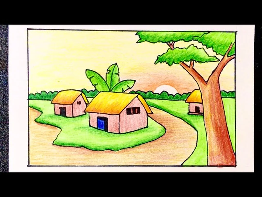 tranh đồng quê đơn giản với bố cục ruộng đồng thoáng