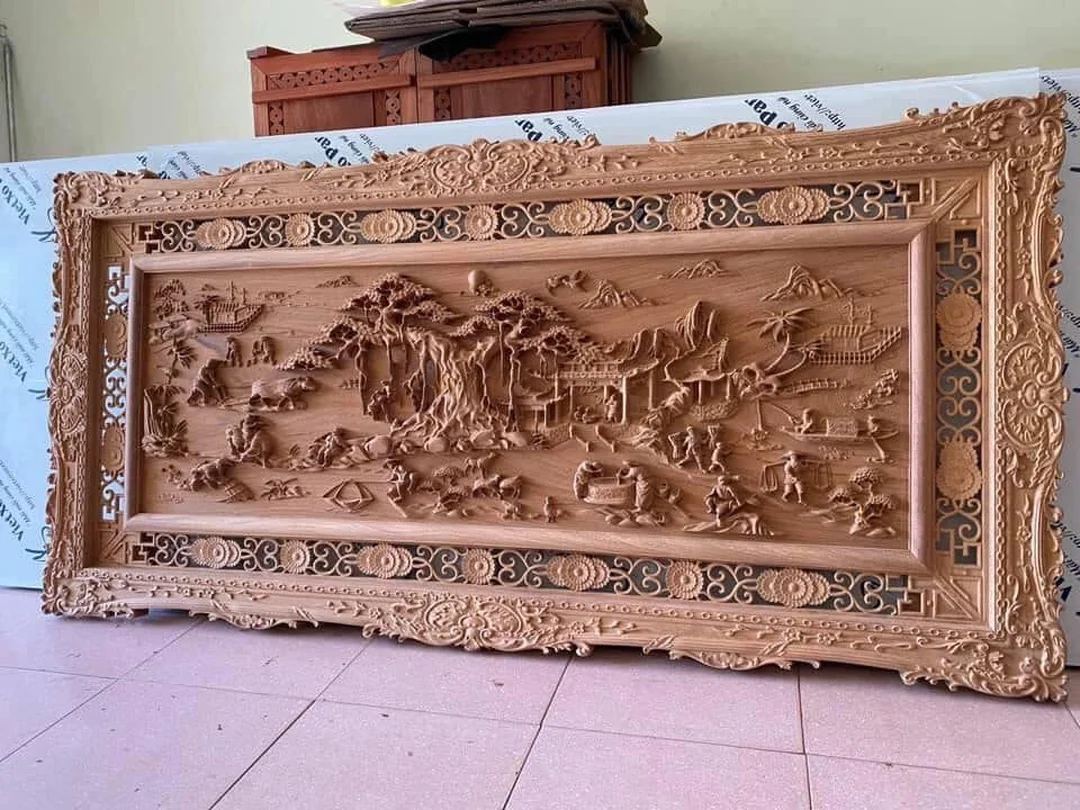 tranh đồng quê gỗ khổ lớn chạm cảnh làng quê Việt Nam