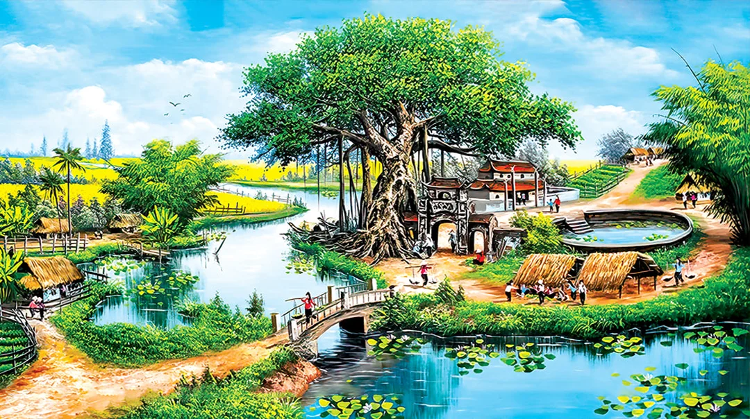 Tranh đồng quê khổ lớn treo phòng khách tranh đồng quê khổ lớn treo phòng khách với cảnh làng quê Việt Nam