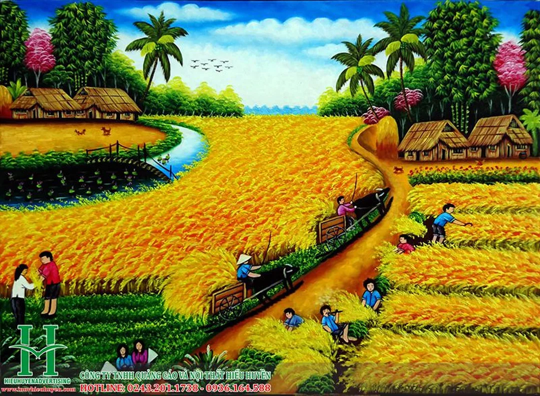 Tranh đồng quê mùa gặt treo phòng khách với bố cục rộng Tranh đồng quê mùa gặt treo phòng khách với bố cục rộng