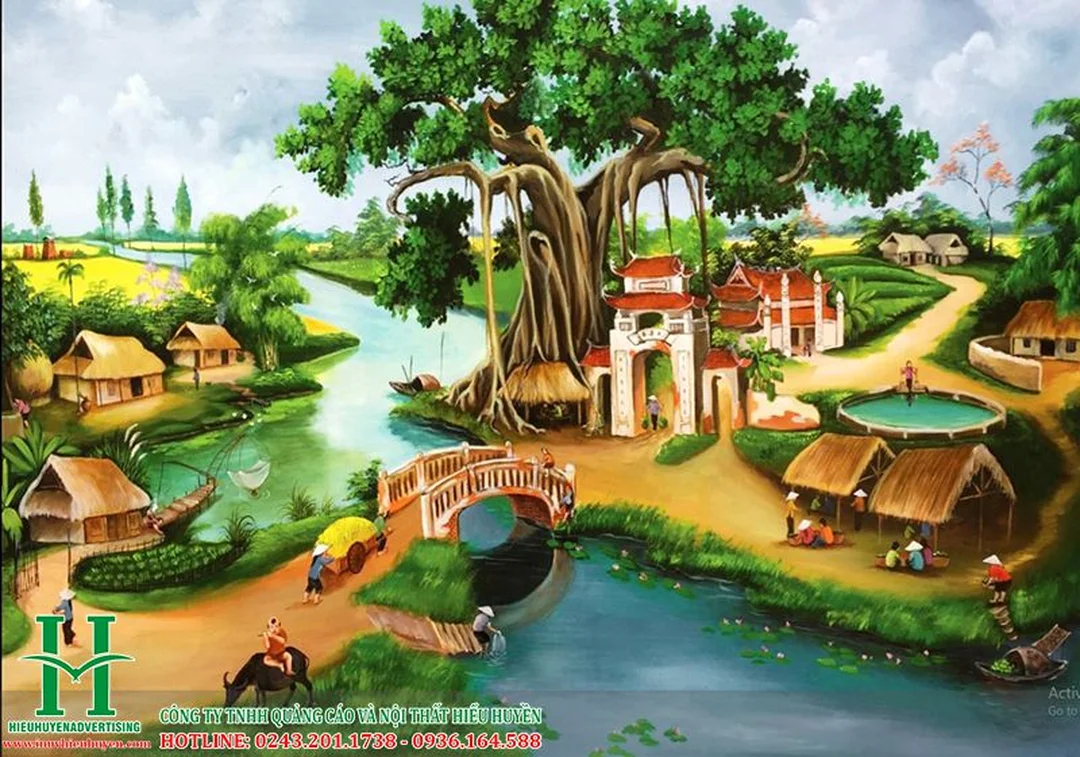 Tranh đồng quê mùa gặt với người dân thu hoạch lúa Tranh đồng quê mùa gặt với người dân thu hoạch lúa