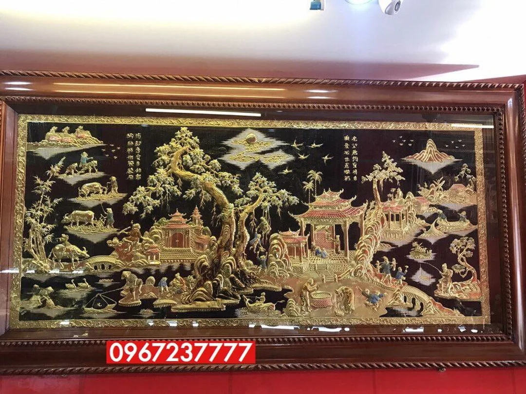 tranh đồng quê treo phòng khách với hình ảnh làng quê và sông nước
