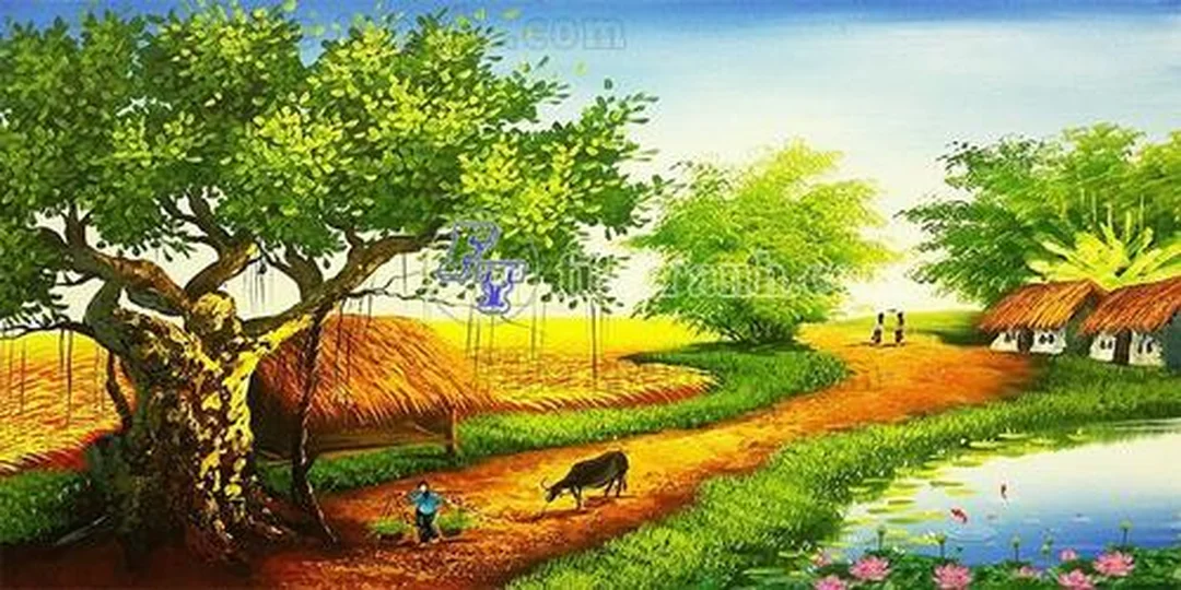 Tranh đồng quê vector phong cảnh làng quê tranh đồng quê vector phong cảnh làng quê có dòng sông
