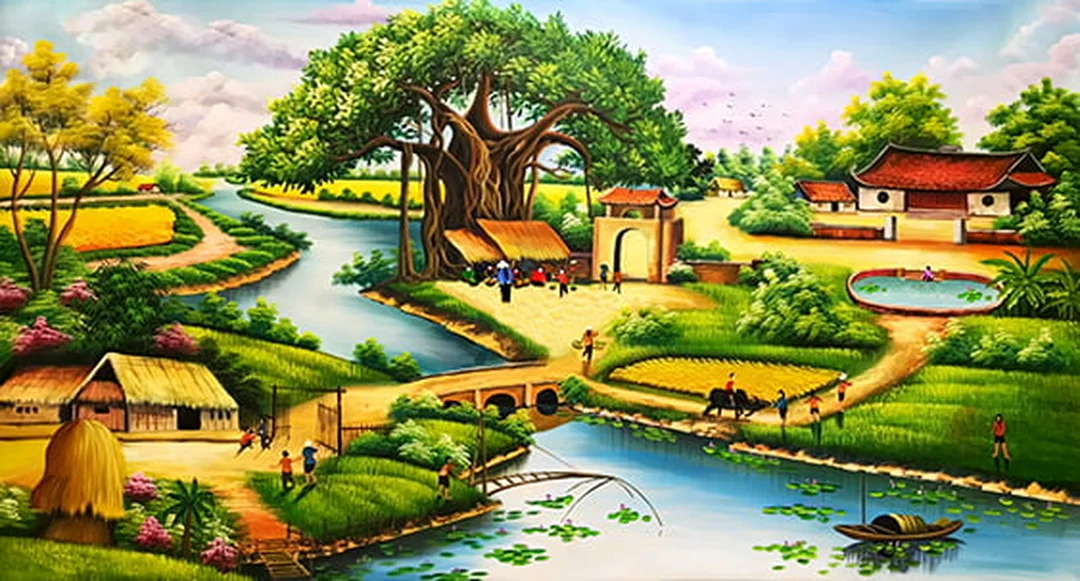 tranh đồng quê việt nam 3D cảnh cây đa bến nước và đồng lúa