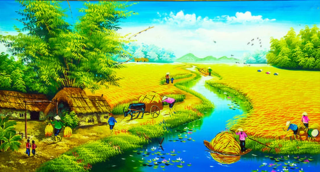 tranh đồng quê việt nam treo phòng khách với cảnh làng quê thanh bình