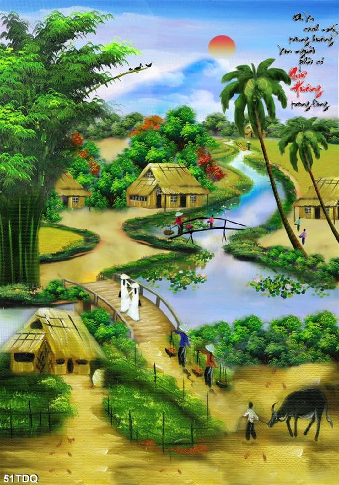 tranh đồng quê việt nam vẽ tay sơn dầu cảnh sông nước và đồng lúa