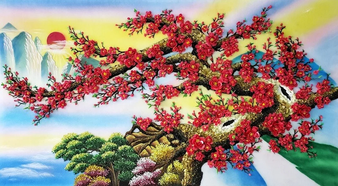 tranh hoa đào đá quý 3D cho phòng khách