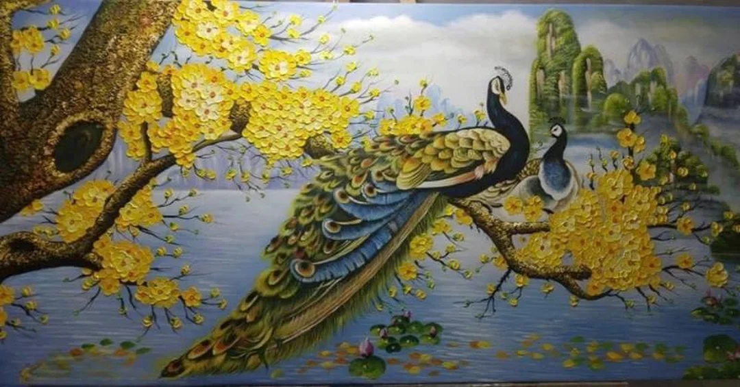 Tranh hoa mai vàng chim công treo phòng khách tranh hoa mai vàng chim công treo phòng khách