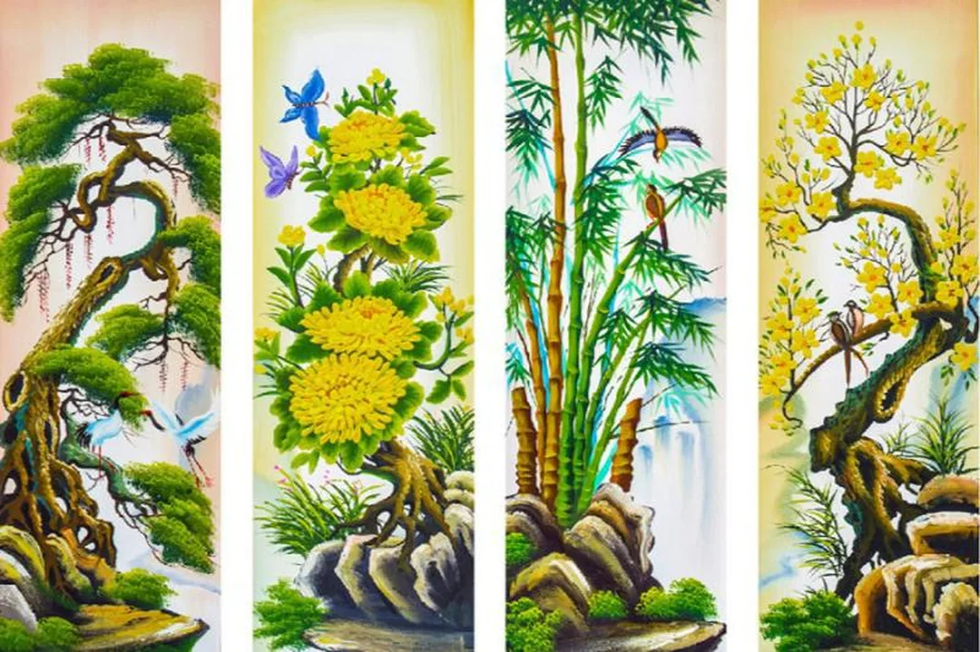 Tranh hoa mai vàng trong bộ tứ quý Tùng Cúc Trúc Mai tranh hoa mai vàng trong bộ tứ quý Tùng Cúc Trúc Mai