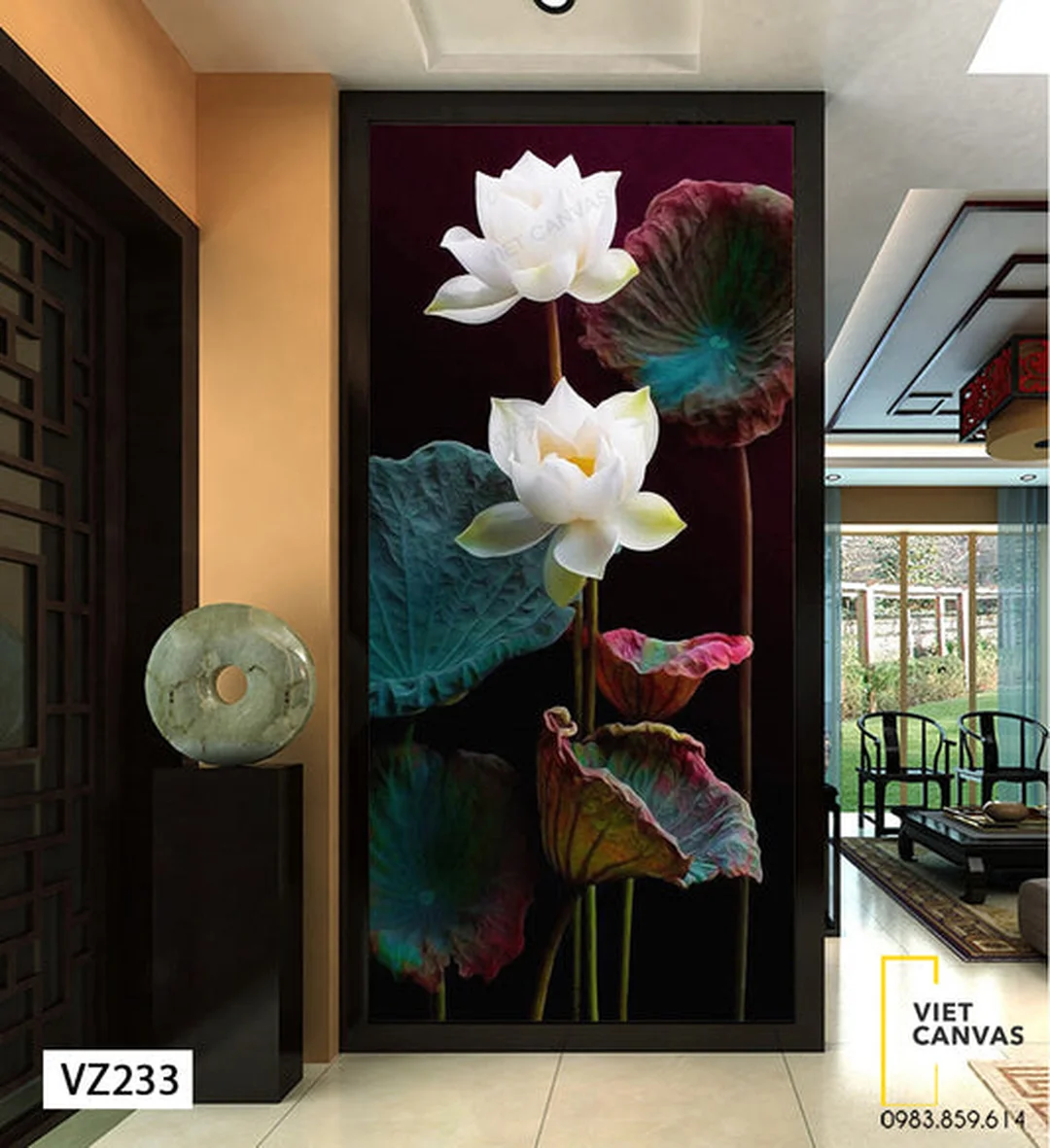 tranh hoa sen đơn giản hai bông trắng cho không gian nhỏ