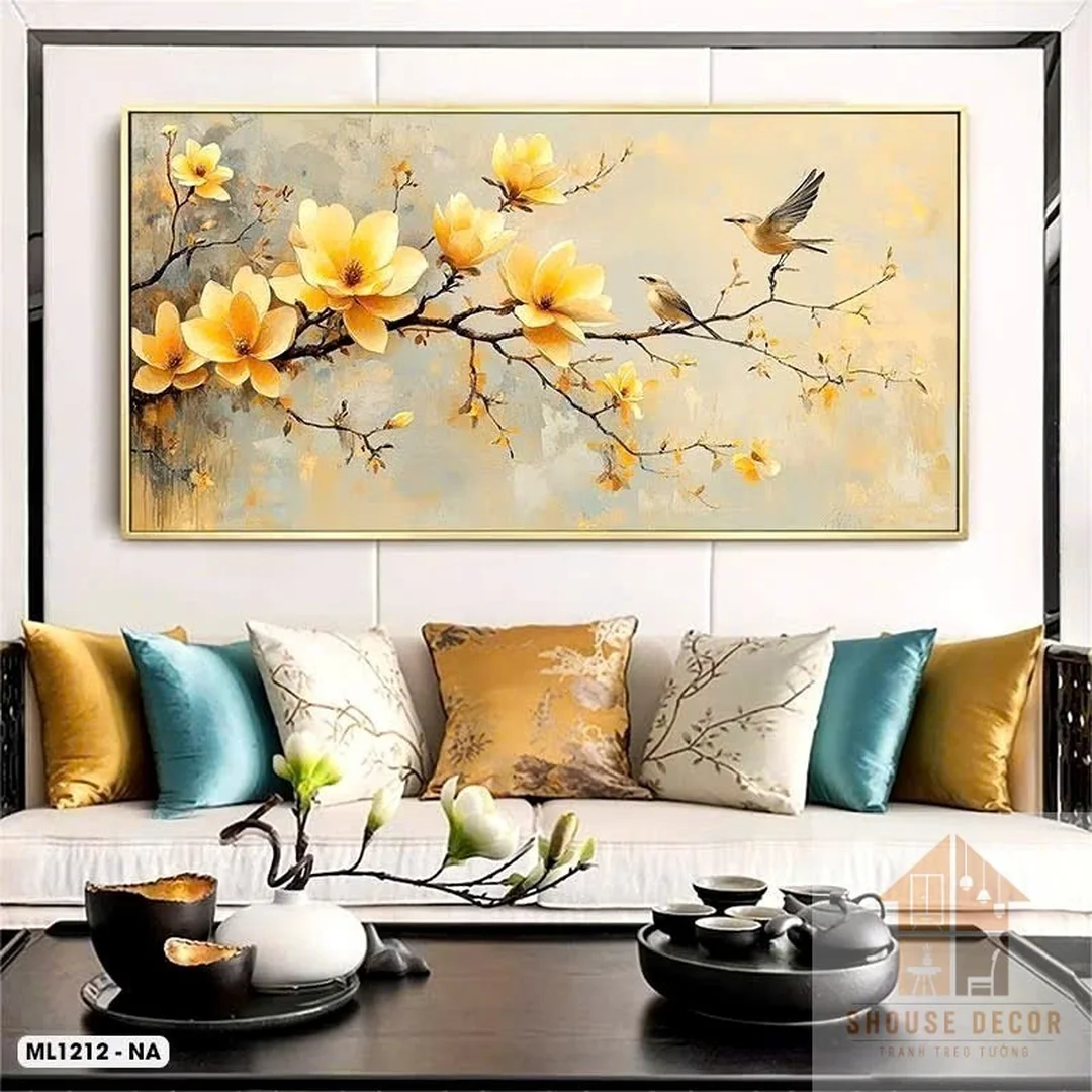 tranh nghệ thuật cành hoa trang trí tường phòng khách